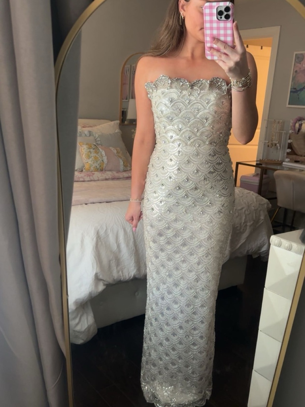 Strapless Beaded Silver Evening Gown